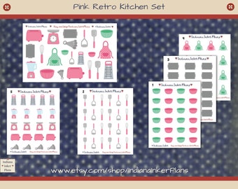 Pink Retro Cooking/Baking Deco Planner Stickers, Whisk, Cupcakes, Decorative Planning, Recipe Planning, Bowls, Aprons, Cheese Grater, Sugar