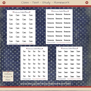 May include: Planner stickers featuring the words "Class," "Test," "Study," and "Homework" in black text. The stickers are set against white backgrounds with a navy and white polka dot pattern. The shop name "Indiana Inker Plans" is also displayed on the stickers.