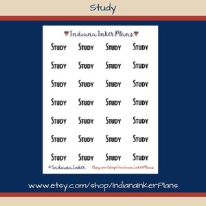 May include: A sheet of white stickers with the word "STUDY" printed in black, repeated multiple times. The stickers are arranged in rows and columns. The text "Indiana Inker Plans" is at the top, and the Etsy shop URL is at the bottom.