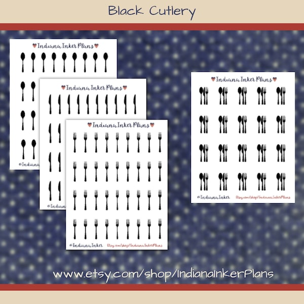 Black Cutlery Planner Stickers, Meal Planning, Spoons, Forks, Knives, Cutlery Set, Decorative Planning, Recipe Planning