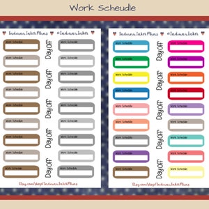May include: Two sheets of planner stickers with the text "Work Schedule" and "Day Off". One sheet has brown and gray stickers, the other has colorful stickers. The text "Indiana Inker Plans" and a website address are also visible.