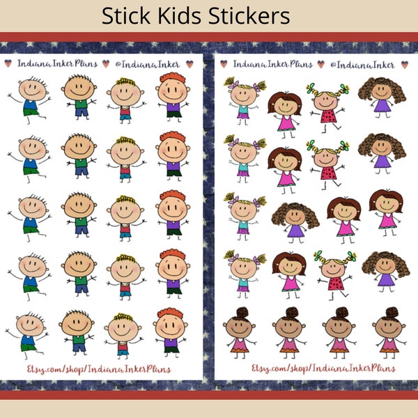 Stick Figure Kids Stickers, Planner Stickers, Decorative Planning, Journaling, Scrapbooking, Boy Stickers, Girl Stickers, Paper Crafting