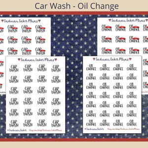 May include: A sheet of stickers with red, white, and blue stars in the background. The stickers are for a car wash and oil change. The stickers say "Car Wash" and "Oil Change" with a red car icon.