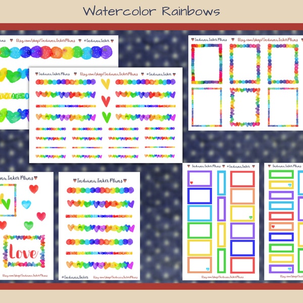 Watercolor Rainbow Planner Stickers, Hearts, Boxes, Borders, Washi, Scrapbooking, Journaling, Bright Colors, Rainbows