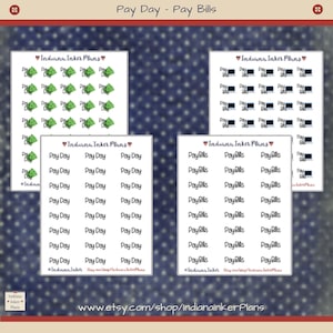 May include: Four sheets of printable planner stickers with a white background and black text. The stickers are for a planner or bullet journal. The stickers are for pay day and pay bills. The text on the stickers says "Pay Day" and "Pay Bills".