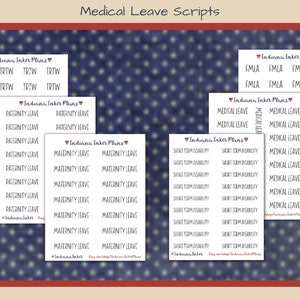May include: A set of printable planner stickers with various leave types, including "TRTW", "Paternity Leave", "Maternity Leave", "Short Term Disability", "Medical Leave", and "FMLA". The stickers are designed with a white background and black text. The text "Indiana Inker Plans" appears on each sticker.