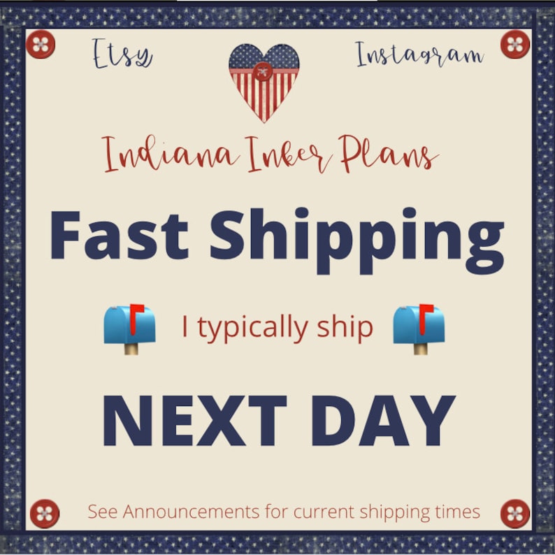 May include: A square graphic with a cream background and a navy blue border. The text reads "Etsy" and "Instagram" at the top, with "Indiana Inker Plans" in red script. Below, it says "Fast Shipping" and "Next Day".