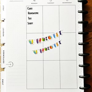 May include: A planner page showing the month of September. The page is divided into days, Monday to Wednesday, with the words "Class," "Homework," "Test," and "Study." Two strings of colourful flip-flop and beach ball stickers are displayed.