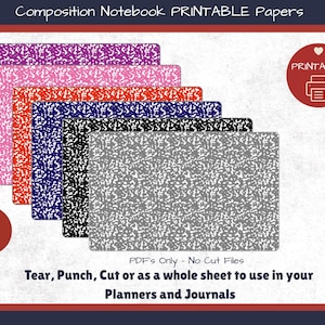 Puede incluir: Un conjunto de seis papeles imprimibles para cuadernos de composición en morado, rosa, naranja, azul, negro y gris con un patrón moteado. La imagen incluye el texto Composition Notebook PRINTABLE Papers, PRINTABLE, Set of 6, PDF's Only - No Cut Files y Tear, Punch, Cut or as a whole sheet to use in your Planners and Journals.