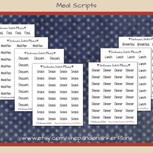 May include: A set of printable planner stickers with the text "Indiana Inker Plans" and various meal categories, including "Breakfast", "Lunch", "Dinner", "Snack", "Dessert", "Fast", and "Meal Plan".