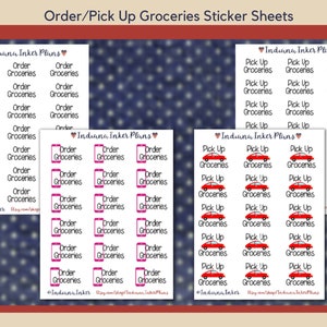 May include: Three sheets of sticker labels with a blue and white polka dot background. The stickers are for organizing groceries. The first sheet has 18 stickers that say "Order Groceries". The second sheet has 18 stickers that say "Pick Up Groceries" with a red car icon. The third sheet has 18 stickers that say "Order Groceries" with a pink phone icon.