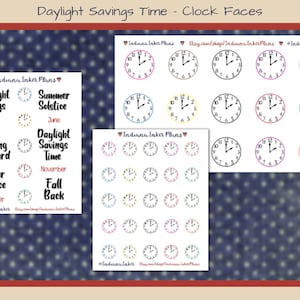 May include: A printable sheet with clock faces for different times of the year, including Daylight Savings Time, Spring Forward, Fall Back, Winter Solstice, and Summer Solstice. The clocks are in various colors, including black, white, yellow, pink, blue, and green.