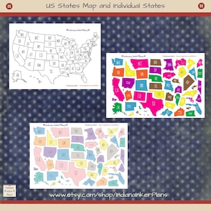 May include: Three prints featuring a map of the United States and individual state outlines. The top print shows a black and white map with state abbreviations. The other two prints display colorful state shapes. Text includes "US States Map and Individual States" and a shop URL.