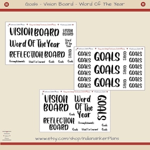 May include: A collection of planner stickers with the words "Vision Board," "Word of the Year," and "Reflection Board" in bold, black font. Additional stickers say "Goals." The stickers are designed for planning and goal setting.