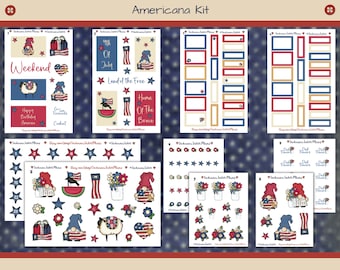Americana Gnomes Planner Kit, 4th of July, Planner Stickers, Decorative Planning, Scrapbooking, Journaling, Star Date Covers, Hearts, Stars