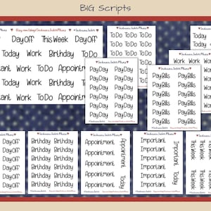 BIG Planner Black Script Stickers, Pay Day, Pay Bills, Work, Today, This Week, Birthday