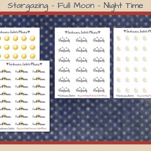 May include: Three sheets of stickers featuring a night sky theme. The first sheet has 25 yellow star stickers. The second sheet has 25 full moon stickers. The third sheet has 25 crescent moon stickers with a small yellow star.