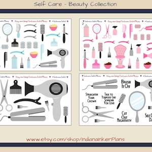 May include: A collage of beauty and self-care items. Includes hair styling tools like scissors, hair dryers, curling irons, brushes, and mirrors. The color palette features shades of blue, pink, gray, and black, with text that reads "Brush It Off" and "Self Care Day".