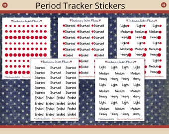 May include: A set of period tracker stickers with different designs. The stickers are printed on white paper and feature red circles, stars, and text. The text includes "Started", "Ended", "Light", "Medium", and "Heavy".