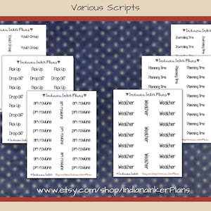 May include: A collection of printable planner stickers with various labels, including "Youth Group", "Pick Up", "Drop Off", "am routine", "pm routine", "Weather", "Planning Time", and "Journaling Time". The stickers are designed with a white background and black text. The background of the image is a blue and white polka dot pattern.