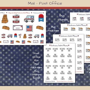May include: A set of digital stickers featuring illustrations of mailboxes, envelopes, stamps, packages, and mail trucks. The stickers are in a red, white, and blue color scheme and have a vintage, hand-drawn style. The text "Indiana Inker Plans" appears on several of the stickers.