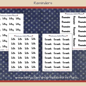 May include: Four sheets of printable planner stickers with a blue and white polka dot background. The stickers feature the words "To Buy", "To Do", "Errands", and "Remember" in black cursive text.