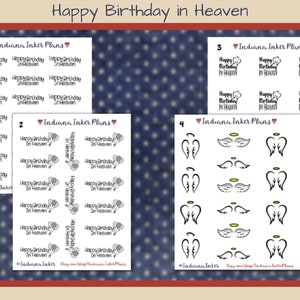 May include: A set of printable stickers for a birthday in heaven. The stickers feature the text "Happy Birthday in Heaven" with different designs including balloons, angels, and hearts. The stickers are designed by Indiana Inker Plans.