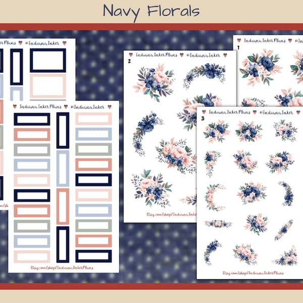 Navy Floral Planner Stickers, Decorative Planning, Journaling, Flowers, Scrapbooking, Colorful Boxes, Navy Blue