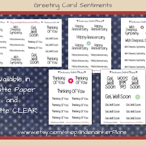 May include: A collection of greeting card sentiments printed on white paper with a blue and white polka dot background. The sentiments include "Happy Anniversary", "With Deepest Sympathy", "Get Well Soon", and "Thinking of You". The cards are available in matte paper and matte clear.