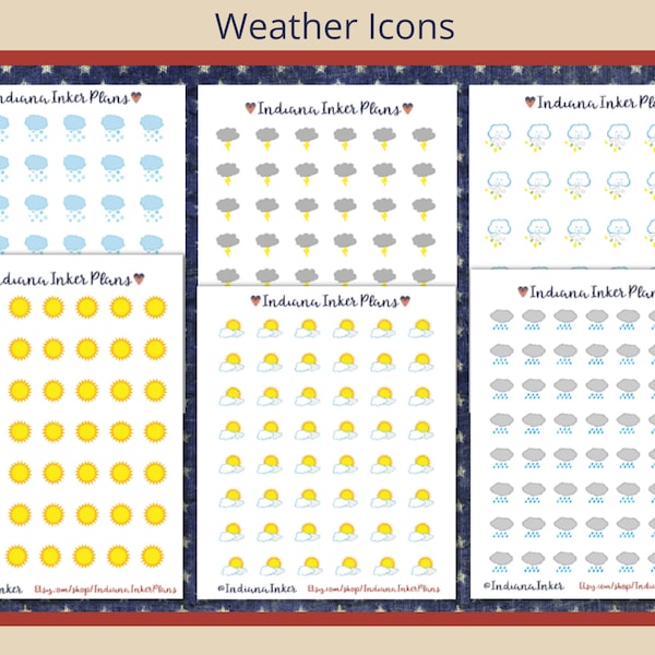 Weather Icon Planner Stickers, Thunderstorm, Snow, Wind, Rain, Sun, Cloudy, Partly Sunny, Weather Stickers, Decorative Planning