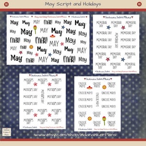 May include: A set of printable planner stickers for the month of May. The stickers feature various designs, including the word "May" in different fonts and styles, as well as holiday-themed designs for Mother's Day, Memorial Day, and Cinco de Mayo.