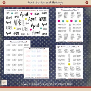 May include: A set of printable planner stickers for the month of April. The stickers feature various designs, including the word "April" in different fonts and colors, as well as stickers for Easter, April Fools Day, and Good Friday.