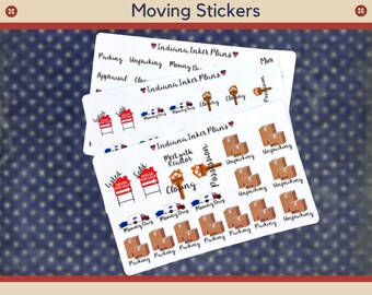 May include: A set of colorful moving stickers with illustrations of houses, moving trucks, and boxes. The stickers are labeled with phrases like "Listed", "Sold", "Moving Day", "Packing", and "Unpacking".