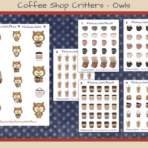 May include: A set of 5 sticker sheets featuring coffee-themed illustrations. The first sheet features a cartoon owl holding a coffee cup. The other sheets feature various coffee cups, mugs, and other coffee-related items. The text "Indiana Inker Plans" appears on each sheet.