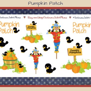May include: A digital clipart set featuring a scarecrow, pumpkins, birds, and signs with the text "Pumpkin Patch" and "Country Pumpkins".