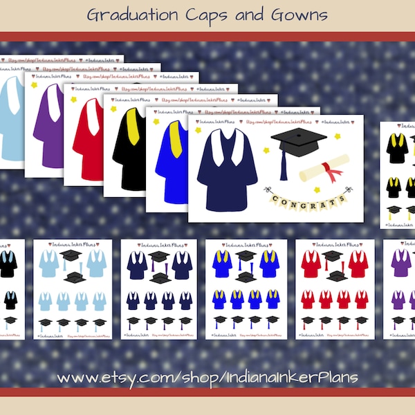 Graduation Caps and Gowns Planner Stickers, Various Color Combinations, Decorative Planning, School Stickers, Graduate, College, High School