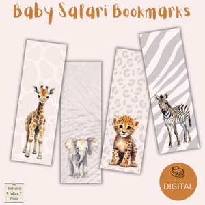 Puede incluir: Marcadores Baby Safari con una jirafa, un elefante, un guepardo y una cebra. Cada marcador tiene un patrón de fondo único, que incluye manchas de jirafa, piel de elefante, manchas de leopardo y rayas de cebra. El texto "Baby Safari Bookmarks" está en la parte superior.