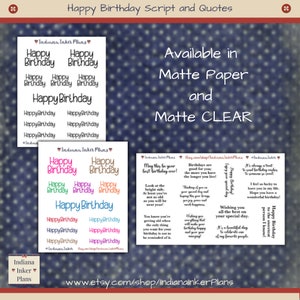 May include: A sheet of paper with various "Happy Birthday" scripts and quotes in different fonts and colors. The text is available in matte paper and matte clear. The Etsy shop name "Indiana Inker Plans" is visible.