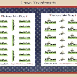 May include: Two sheets of stickers for lawn care. The left sheet has 12 stickers that say "Weed & Feed" in black text on a green background. The right sheet has 12 stickers that say "Bug Control" in black text on a green background. Each sticker has a small cartoon image of a bug.