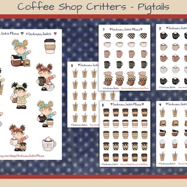 Coffee Shop  Critters Stickers, Cute Girl with Pigtails, Planner Stickers, Iced Coffee, Coffee To Go, Coffee Pot, Coffee Cup, Barista