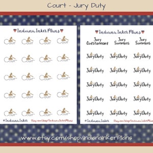 May include: A sheet of printable planner stickers with a court theme. The stickers feature gavel icons and text that says "Cour", "Jury Duty", "Jury Questionnaire", and "Jury Summons".
