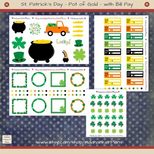 May include: A set of St. Patrick's Day themed planner stickers featuring a pot of gold, a truck, shamrocks, and a bill pay section. The stickers are printed on white paper with a green, orange, and black color scheme.