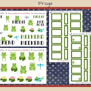 May include: A set of frog-themed planner stickers with various designs, including frogs, lily pads, dragonflies, and the words "RIBBIT", "HOP TO IT", and "WEEKEND".