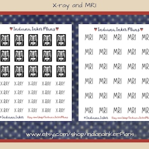 May include: Two sheets of stickers with black and white illustrations of skeletons and the words "X-ray" and "MRI". The stickers are for use in a planner or journal.