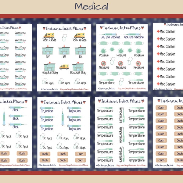 Medical Planner Stickers, Band-Aid, Ambulance, Vaccine, Shot, Thermometer, Hospital, Virus, Mask, Dr. Appointment, Stethoscope, Blood Draw