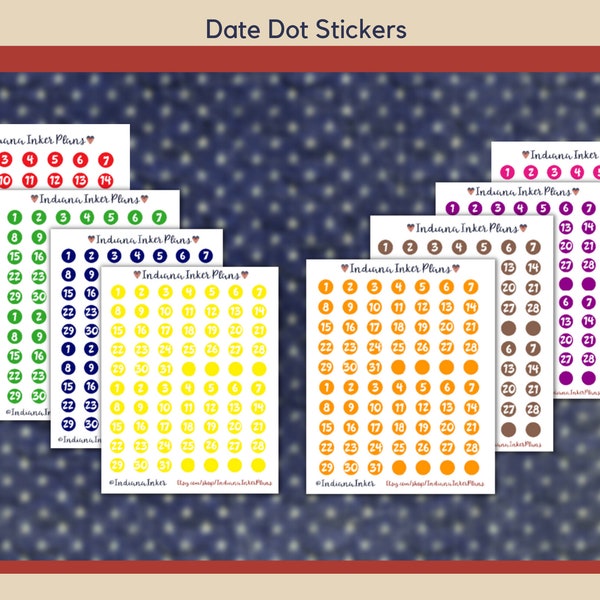 Date Dot Circle Planner Stickers, Orange, Pink, Blue, Green, Red, Brown, Yellow, Purple, Calendar Stickers, Functional Stickers, Journaling