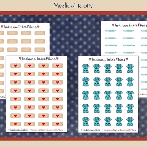 Medical Icon Planner Stickers, Scrub Shirt, Needles, Band Aids, Band Aids with Hearts, Medical Stickers, Decorative Planning, Scrapbooking