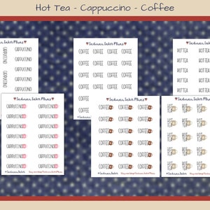 May include: Sheets of planner stickers with coffee, cappuccino, and hot tea themes. The stickers feature text labels and small cup illustrations. The background is a navy blue with white star patterns. The text "Indiana Inker Plans" is also present.