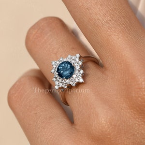 Round London Blue Topaz Double Halo Ring,December Birthstone,Unique Engagement Ring,14k Solid Gold,Topaz Diamond Jewelry,Delicate Gold Ring