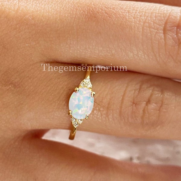 18k Rose Gold/Dainty Opal Ring/Ethiopian Opal/White Opal Stacking Ring/Gold Opal Ring/Bridesmaid Gift/14k Opal Fine Jewelry/East West Ring